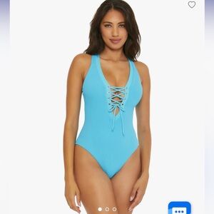Becca NWT Gia plunge one piece swim suit ice blue lace up ribbed
